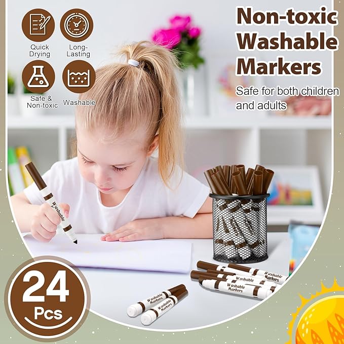 Janlaugh 24 Pcs Washable Markers Bulk Broad Line Markers Coloring Conical Tip Large pens for Kids art projects, Teachers, Students, Toddlers, Party Favors, Classrooms, Donations(Brown)