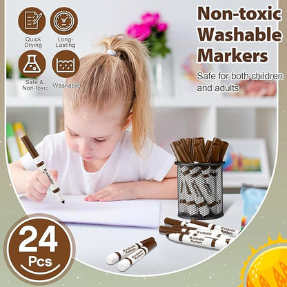 Janlaugh 24 Pcs Washable Markers Bulk Broad Line Markers Coloring Conical Tip Large pens for Kids art projects, Teachers, Students, Toddlers, Party Favors, Classrooms, Donations(Brown)