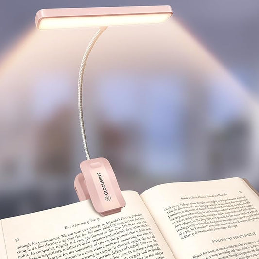 Glocusent 26 LED Book Light, 1200 mAh 90 Hrs Lasting Rechargeable Reading Light, 5 Amber Colors & Stepless Dimming Book Reading Light - Portable Clip on Light for Book Lovers Kids-Pink