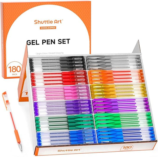 Shuttle Art Gel Pens, 180 Pack Gel Pens Set, 12 Assorted Colors Bulk Classroom Pack for Adults Coloring Books Drawing Doodling Crafts Journaling
