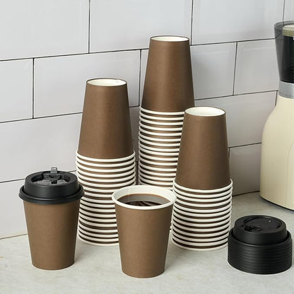 LITOPAK 100 Pack 12 oz Disposable Paper Coffee Cups with Lids for Coffee, Water, Juice, or Tea, Brown Hot Paper Cups for Home, Restaurant, Store, and Cafe