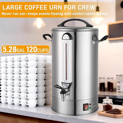 Commercial Coffee Urn | 120 Cup Large Coffee Maker | 20L Stainless Steel Commercial Coffee Machine Quick Brew 1300W | Hot Coffee Warmer Dispenser Double Wall Percolator for Catering, Offices, Church