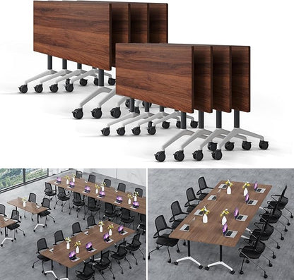 Folding Conference Table Modern Large Mobile Meeting Table Rolling Conference Room Tables with Wheels Seminar Tables for Office Training Classroom (8, Walnut, 47.2" D X 23.6" W X 29.5" H)