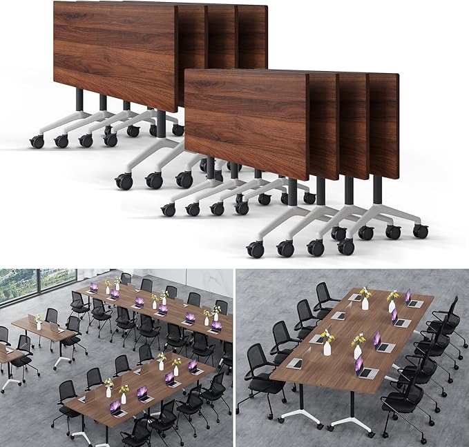 Folding Conference Table Modern Large Mobile Meeting Table Rolling Conference Room Tables with Wheels Seminar Tables for Office Training Classroom (8, Walnut, 63" D X 19.7" W X 29.5" H)