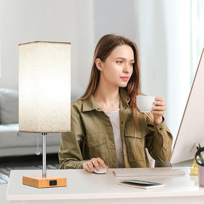 Table Lamp for Bedroom set of 2,3-Color Bedside Lamps with Pull Chain Table Lamps for Nightstand with AC Outlets,18'' Night Light Lamps with 2 Bulbs Lamps for Living Room Kids Room Office Decor（Wood）