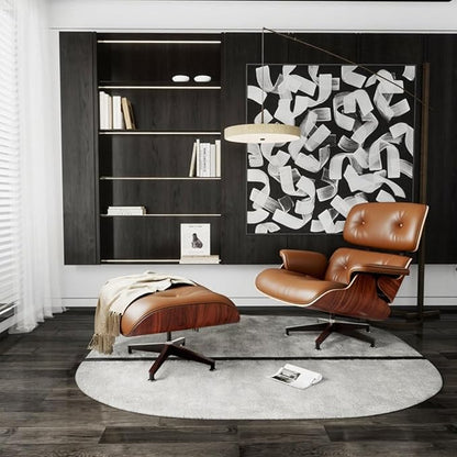 Mid Century Chaise Lounge Chair with Ottoman, Top Black Grain Leather, Modern Office Chair Classic Design, Heavy Duty Base Support for Living Room Study Lounge Office