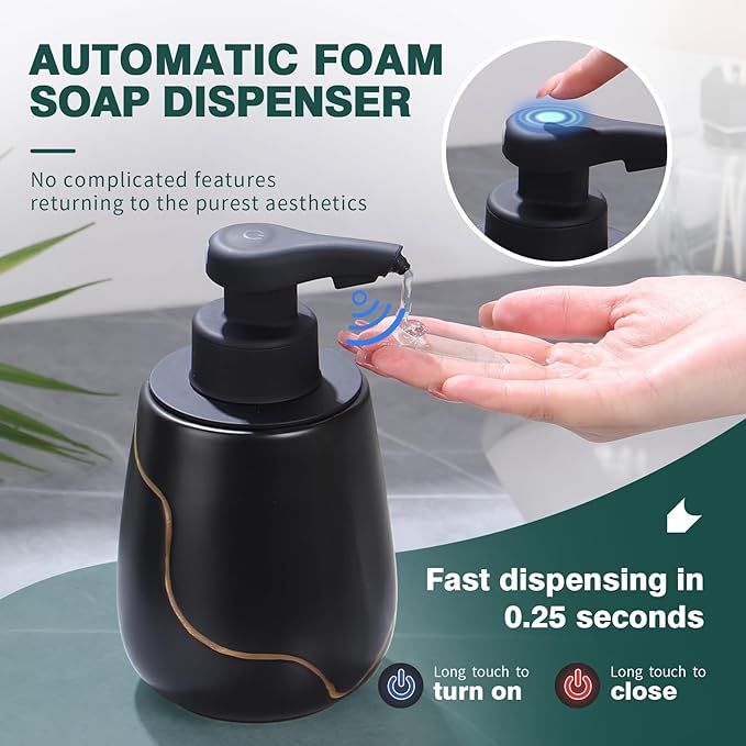 BosilunLife Automatic Soap Dispenser Bathroom - Liquid Hand Free Dispenser Smart Electric Lotion Soap Dispenser Touchless with Waterproof Pump Rechargeable Dish Soap Dispenser Ceramic Black