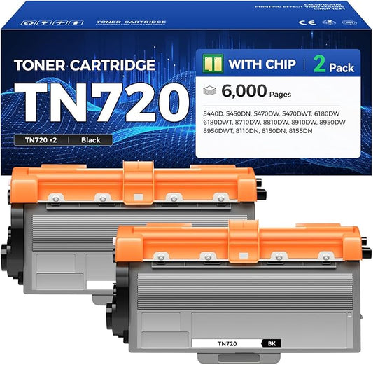 TN720 Toner Cartridge Black 2-Pack Replacement for Brother TN-720 TN750 TN-750 Toner Compatible with HL-5450DN HL-5470DW HL-6180DW MFC-8710DW MFC-8910DW MFC-8950DW DCP-8150DN Laser Printer Ink