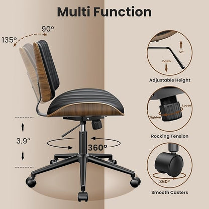 Armless Office Chair, Mid Century Modern Desk Chair with Walnut Wood Back & SGS Level 3 Gas Lift, Swivel PU Leather Computer Chair for Small Space, Home Office, 300lbs Cap, Black Set of 2