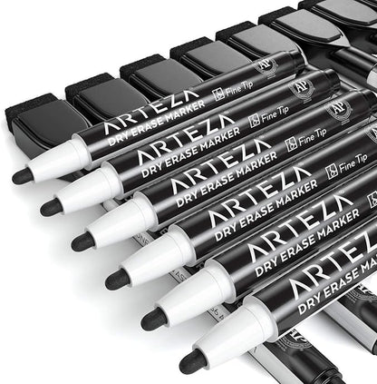 ARTEZA Black Dry Erase Markers with Erasers – Pack of 36 Magnetic Fine Tip Whiteboard Pens with Low-Odor Ink for School, Office & Home Use