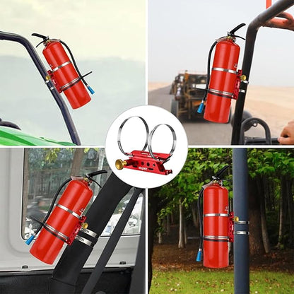 MEGREZ Adjustable Fire Extinguisher Mount Holder, Aluminum Quick Release Fire Extinguisher Holder with 8 Clamps, Compatible with Jeep Wrangler UTV Polaris RZR, Red