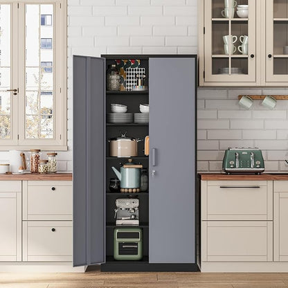 Metal Storage Cabinet-72” Tall Steel File Cabinets with Lockable Doors and 5 Adjustable Shelves-Black&Gray Steel Storage Cabinet for Home, School, Office, Garage