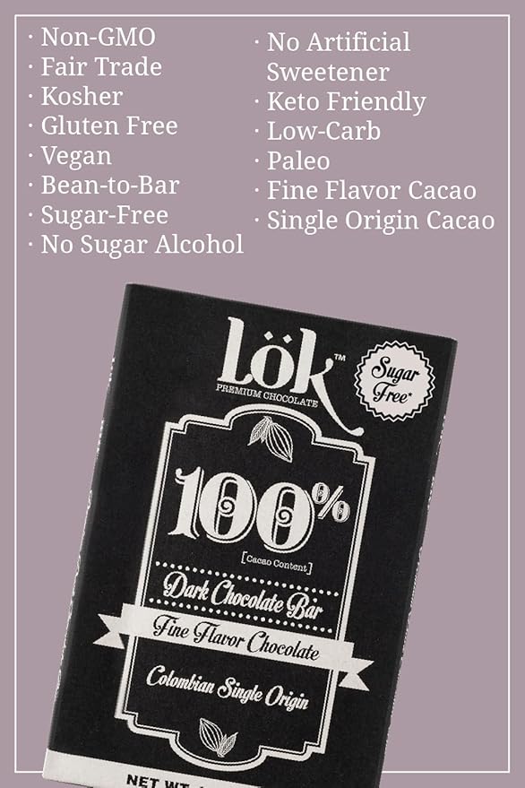 Lök Foods Organic Dark Chocolate Bar - 100% Cacao, Healthy Dark Chocolate, Sugar-Free, Vegan, Gluten-Free, 85g - No Sugar for Diabetics, Celiacs, Keto & Paleo Friendly Snack | 3.0 Oz 12 Pack