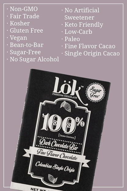 Lök Foods Dark Chocolate Bar 100% Cacao | Fair Trade, Kosher, Gluten Free, Vegan, Bean-to-Bar, Sugar-Free, No Sugar Alcohol, No Artificial Sweetener, Keto Friendly, Low-Carb, Paleo | 3.0 Ounce 6 Pack