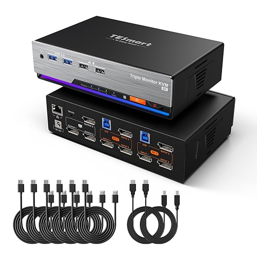 TESmart 8K@60Hz DP KVM Switch 3 Monitors 2 Computers USB 3.0, KVM Switch Triple Monitor 2 Computers DisplayPort 1.4, Support EDID, 1G Ethernet, Hotkey Switch, 4K@144Hz 2K@144Hz for Gaming&Home Office