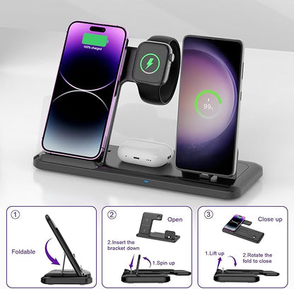 Wireless Charger for iPhone Charging Station, Foldable 4 in 1 Fast Charging for iPhone 16 15 14 13 12 Pro Max Plus, Charger Stand for Apple Watch & Airpods 4 3 2 Pro,for Samsung Series White