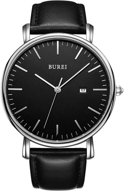 BUREI Men Watches Brown Leather Fashion Minimalist Wrist Watch Simple Ultra Thin Waterproof Quartz Watches All Black Stainless Steel Mesh Band,Gift for Men Women