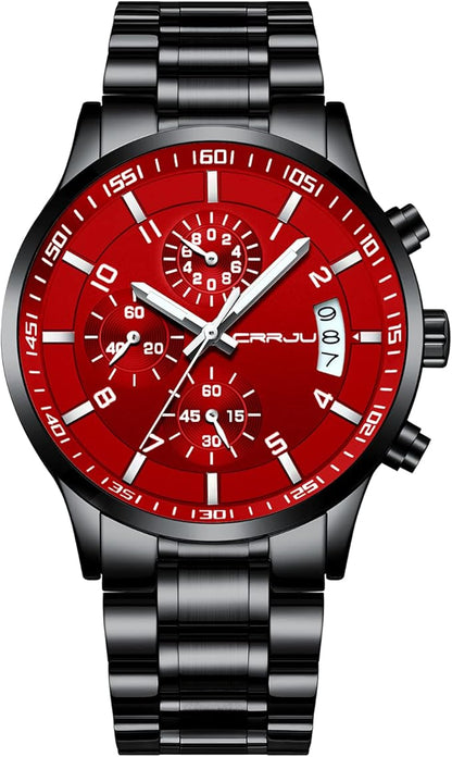 CRRJU Men's Fashion Stainless Steel Watches Date Waterproof Chronograph Wristwatches,Black Steel Band Waterproof Quartz Watch for Men