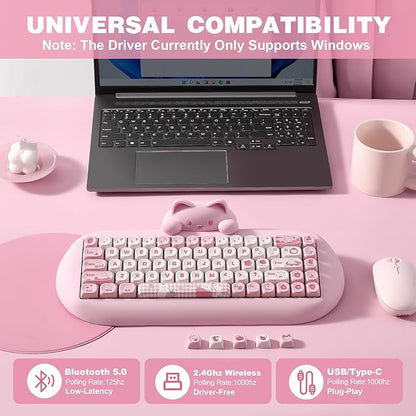 YUNZII C68 Wireless Mechanical Keyboard,65% Layout,Hot Swap,Triple Mode BT5.0/2.4G/Wired, RGB Backlit NKRO,Cute Cat Silicone Ergonomic Design for Win/Mac(Pink, Cocoa Cream V2 Switch)