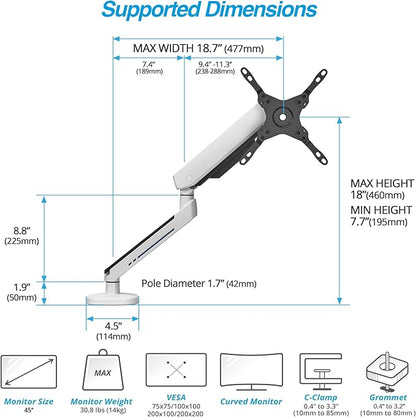AVLT Single 27”-45” RGB Gaming Monitor Arm Desk Mount Built-in 20 Lighting Modes Touch Button Control Fits Flat/Curved/Ultrawide Screens Height Swivel Tilt Rotation Adjustable Stand -White