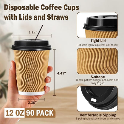 SIUQ 12 oz Coffee Cups-90 Pack Disposable Coffee Cups with Lids and Straws, Insulated Ripple Wall To Go Paper Coffee Cup for Coffee, Hot Chocolate and Hot Tea Drinks - Champagne