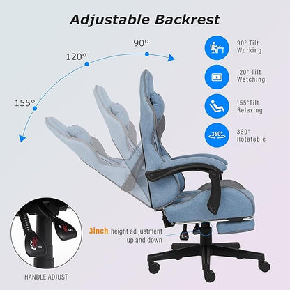 Gaming Chair, Computer Office Chair with Footrest, Linkage Armrests and Lumbar Support, High Back Ergonomic Gamer Chairs for Adults, Blue Fabric