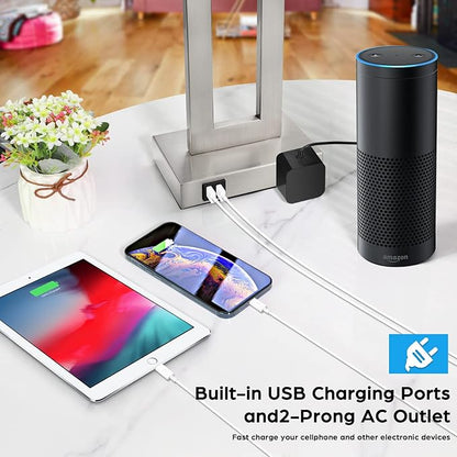 22'' Tall Table Lamps for Bedroom Set of 2, Silver Bedside Touch Control Lamp with 2 USB Ports&AC Outlet, Modern Living Room Table Lamp for Nightstand End Table, 3-Way Dimming with 2 E26 Edison Bulbs