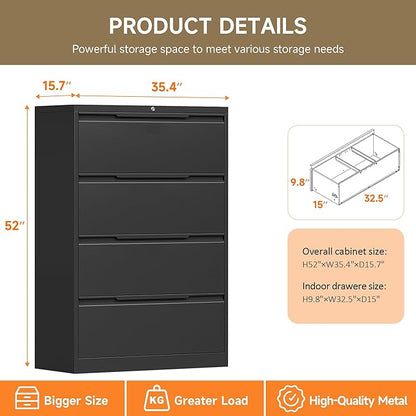 File Cabinet, 4 Drawer Metal File Cabinet with Lock, Lateral File Cabinet for Home and Office, Lateral File Cabinet for A4 Legal/Letter Size, Assembly Required (Black, 4 Drawer)