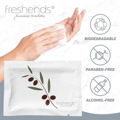Freshends Flushable Individually Wrapped Wipes – 300 Bulk Pack Luxurious Towelettes, Guest Bathroom Essentials for Weddings, Restaurants, Bars & Clubs – Olive, Travel-Size, Disposable