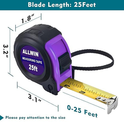 Tape Measure 25 Ft - Metal Retractable Tape Measure with Fractions, Easy Read, 1-inch Wide X 25 Foot - Purple