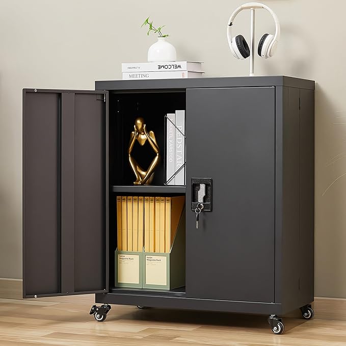 LUCYPAL Metal Storage Cabinet with Wheels,31.5" H Steel Storage Cabinet with Locking Doors and Adjustable Shelves,Metal Garage Storage Cabinets for Home Office,Kitchen,Black