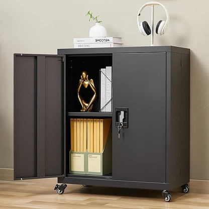 LUCYPAL Metal Storage Cabinet with Wheels,31.5" H Steel Storage Cabinet with Locking Doors and Adjustable Shelves,Metal Garage Storage Cabinets for Home Office,Kitchen,Black