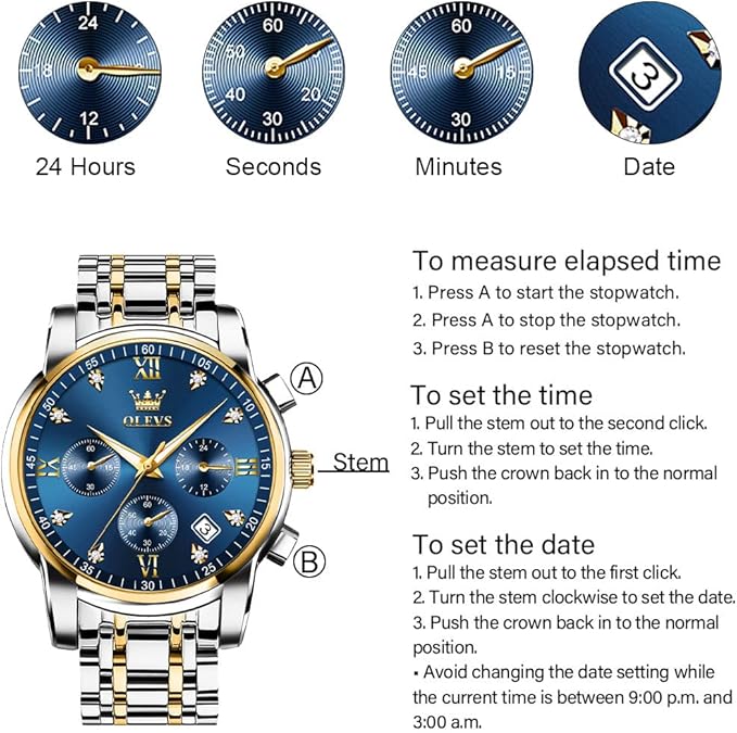 OLEVS Men's Stainless Steel Chronograph Watch, Big Face Gold Silver Black Tone Easy to Read Analog Quartz Watch, Luxury Waterproof Date Diamond Roman Arabic Numerals Dial Dress Watch for Men