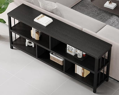 IBF 63” Black Bookshelf, Industrial Long Open Horizontal Cube Book Shelf, Low Wide Home 5 Cube Storage Organizer Shelf for Bedroom, Wood and Metal Cubby Bookcase for Living Room, Black Oak, 63 Inch