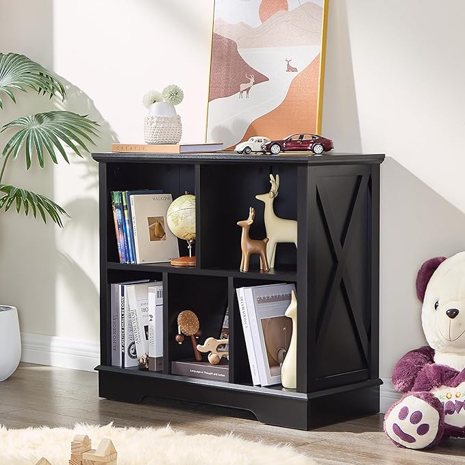 Book Shelf, 5 Cube Storage Organizer, 2-Tier Open Shelf Wooden Bookcase, Freestanding Wood Cube Storage Bookshelf for Bedroom, Living Room, Home Office (Black)