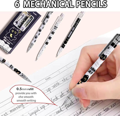 6 Pcs Black Cute Cat Mechanical Pencils with Eraser 0.5mm Kawaii Cartoon Cat Mechanical Pencil School Pencil Cat Gifts for Women Man