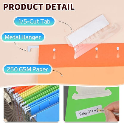 25-Pack Assorted Hanging File Folders,Letter Size with 35 Transparent Label Cards,50 Sticker Labels,1/5-Cut Tabs–Home Office & Filing Cabinets