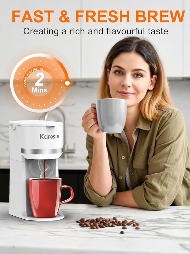 Single Serve Coffee Maker for K-Cup and Ground Coffee, Fast Brew, 6-12 oz Brew Sizes One Cup Coffee Machine Fits 5.5" Mugs, One-Button Small Coffee Maker with Descaling Reminder,White