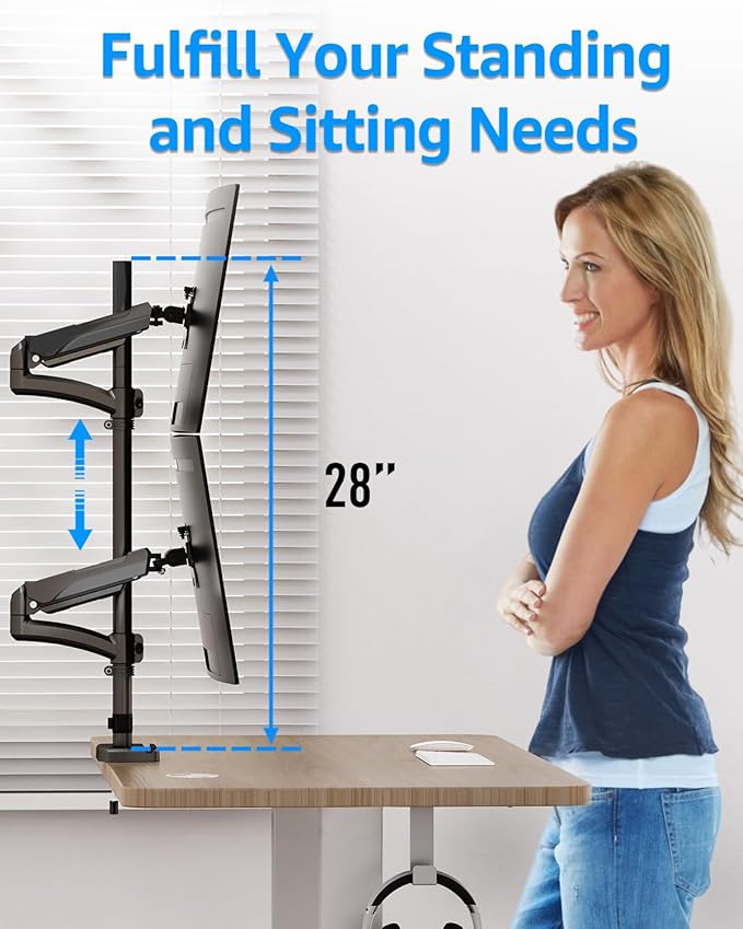 MOUNTUP Vertical Dual Monitor Mount Holds 4.4-17.6lbs, up to 32 Inch Stacked Monitor Mount with Gas Spring Arm with Clamp/Grommet Base Dual Monitor Stand for Desk, VESA 75x75/100x100 MU6012A