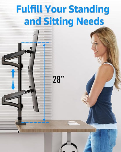 MOUNTUP Vertical Dual Monitor Mount Holds 4.4-17.6lbs, up to 32 Inch Stacked Monitor Mount with Gas Spring Arm with Clamp/Grommet Base Dual Monitor Stand for Desk, VESA 75x75/100x100 MU6012A