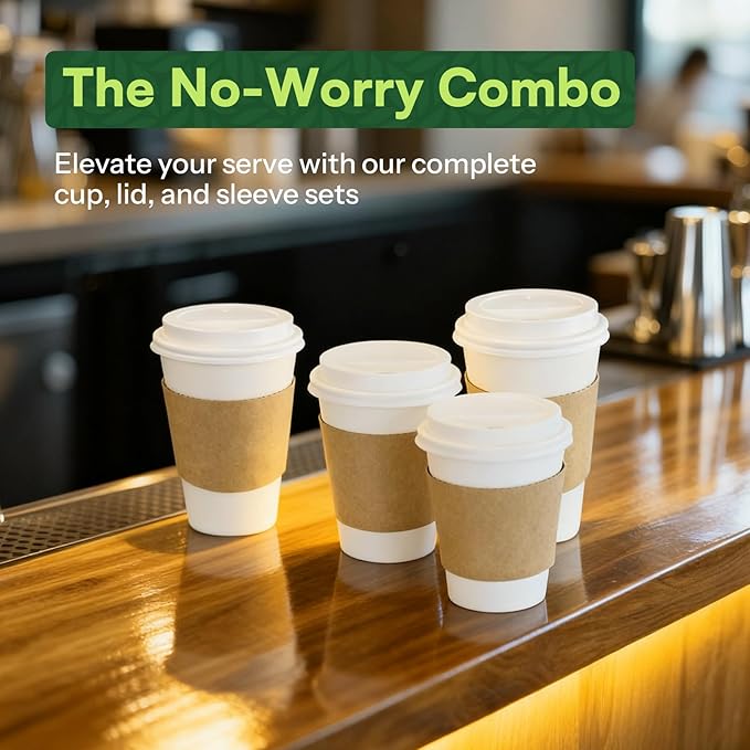 Disposable Coffee Cups with Lids & Sleeves 12 oz Paper Cups, 50 Pack To Go Hot Cups with Lids, BPA Free Thickened Leak Proof White Disposable Cups for Everyday Use Office Coffee Bar Supply Essentials