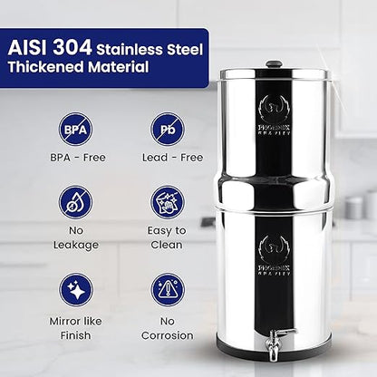 Gravity Water Filter System, 3.25 G NSF Certified Rust Free 304 Stainless Steel Countertop Water Filter | 2 Smart Carbon Filters | Steel Spigot | Manual Install | No Electricity or Plumbing | Portable