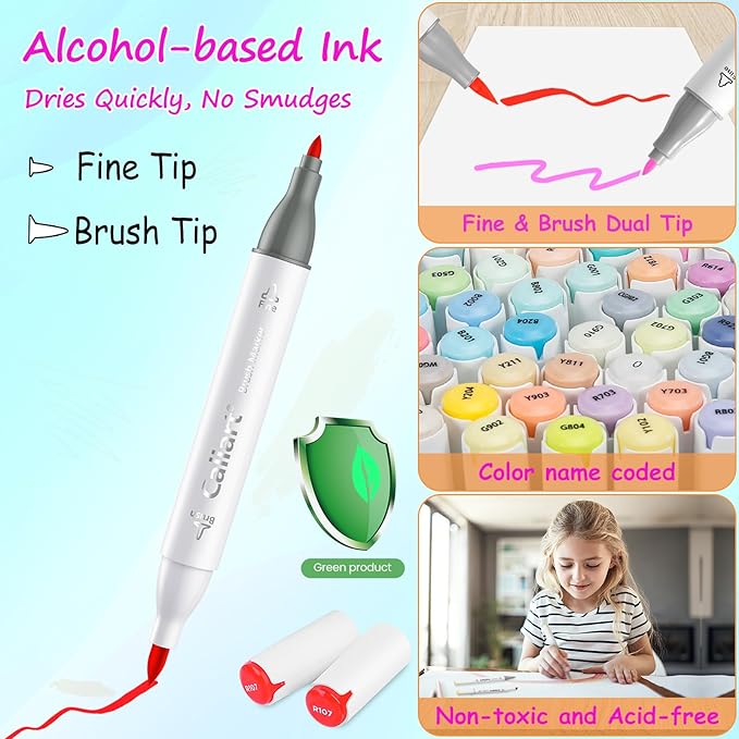 Caliart Alcohol Markers Brush Tip, 121 Colors Dual Tip Coloring Marker Pen Set Brush & Fine, Art Supplies Kit Gift for Adults Coloring Book Artists Sketch Drawing Illustration