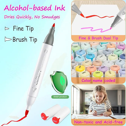 Caliart Alcohol Markers Brush Tip, 121 Colors Dual Tip Coloring Marker Pen Set Brush & Fine, Art Supplies Kit Gift for Adults Coloring Book Artists Sketch Drawing Illustration