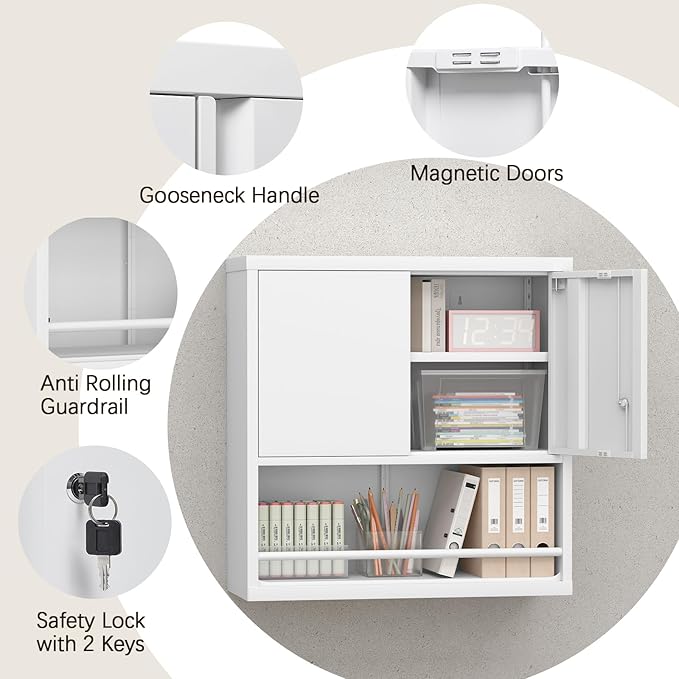 LUCYPAL Metal Wall Cabinet,Garage Wall Mounted Cabinets with Adjustable Shelf and Doors,Steel Hanging Cabinet with Open Storage for Home Office,Bathroom,Kitchen,White