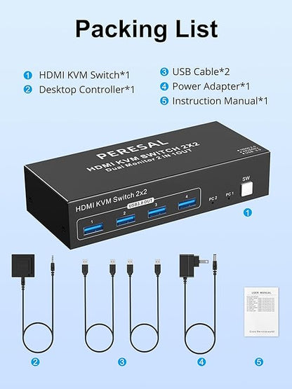 Dual Monitor HDMI KVM Switch, 2 Computers 4K60Hz Dual Monitor KVM Switches for Dual PC or Laptops,4 USB 3.0 Ports Support Extended/Copy Mode with DC 12V Adapter&Wired Controller