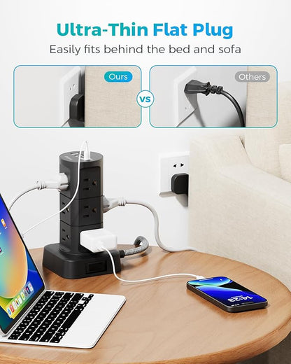 Surge Protector Power Strip Tower, Flat Plug, 6Ft Extension Cord with Multiple Outlets, 12 Outlets 4 USB Ports, Overload Protection for Office Desk Supplies, Dorm Essentials