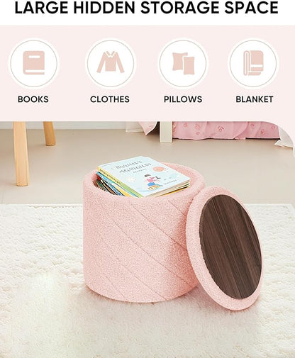 B FSOBEIIALEO Ottoman with Stroage, Boucle Round Storage Ottoman with Tray,Foot Rest Stool for Dorm Room, Living Room Pink, 12.99"x12.99"x13.78"