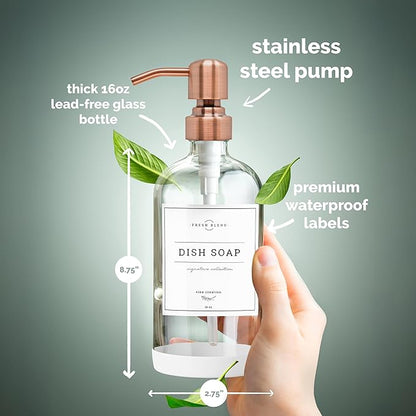 Vine Creations Clear Glass Soap Dispenser, 2 Pack Kitchen Soap Dispenser Set with Stainless Steel Pump, 16 oz Dish Soap and Hand Soap Dispensers for Bathroom with Waterproof Labels