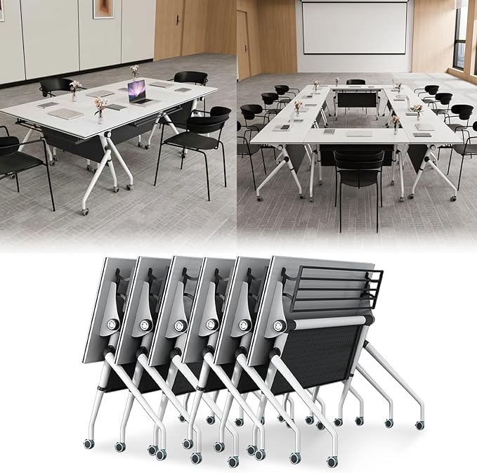 Folding Conference Table,Rolling Meeting Table for Conference Room,Flip Top Mobile Trainning Table with Wheels,Foldable Conference Room Tables,Rectangle Meeting Seminar Tables for Office (4Pc, 53.1in
